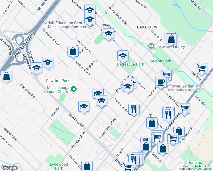 map of restaurants, bars, coffee shops, grocery stores, and more near 880 7th Street in Mississauga