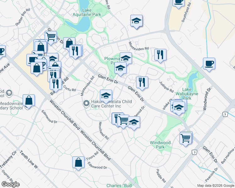 map of restaurants, bars, coffee shops, grocery stores, and more near 55 Montevideo Road in Mississauga