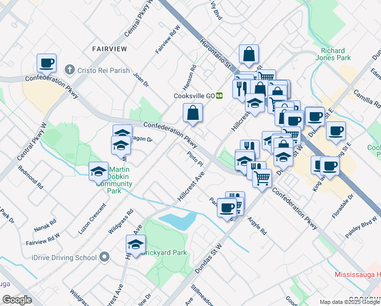 map of restaurants, bars, coffee shops, grocery stores, and more near 199 Hillcrest Avenue in Mississauga