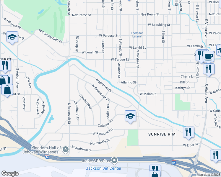 map of restaurants, bars, coffee shops, grocery stores, and more near 3702 West Hillcrest Drive in Boise