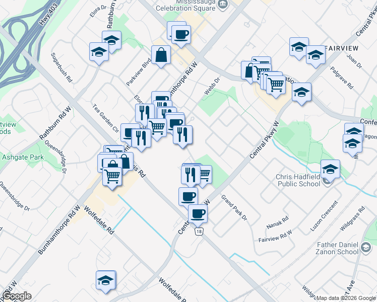 map of restaurants, bars, coffee shops, grocery stores, and more near 3875 Grand Park Drive in Mississauga