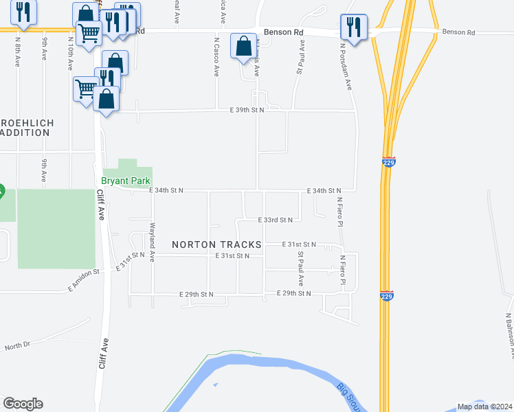 map of restaurants, bars, coffee shops, grocery stores, and more near 3212 North Jessica Avenue in Sioux Falls