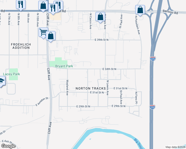 map of restaurants, bars, coffee shops, grocery stores, and more near 3216 North Highland Avenue in Sioux Falls