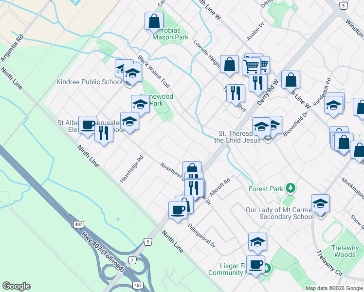map of restaurants, bars, coffee shops, grocery stores, and more near 7075 Spyglass Crescent in Mississauga