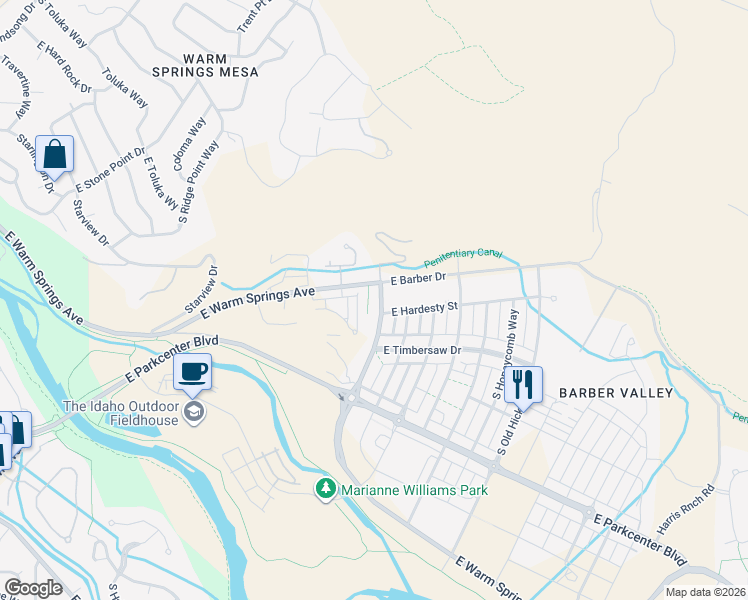 map of restaurants, bars, coffee shops, grocery stores, and more near 3609 East Warm Springs Avenue in Boise