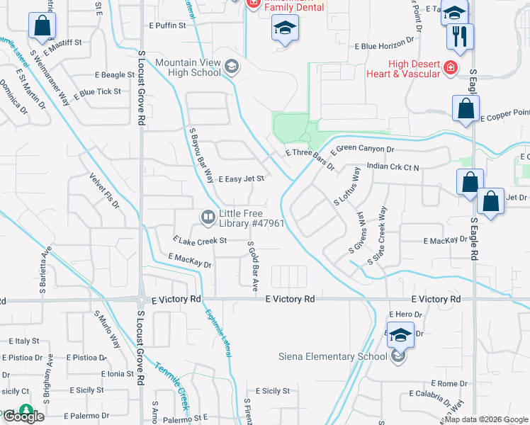 map of restaurants, bars, coffee shops, grocery stores, and more near 2177 East Horse Creek Court in Meridian
