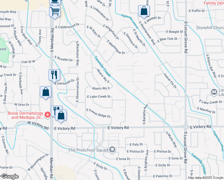 map of restaurants, bars, coffee shops, grocery stores, and more near 769 East Whitehall Street in Meridian