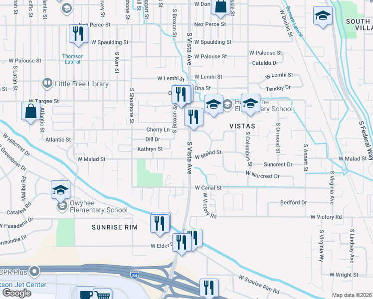 map of restaurants, bars, coffee shops, grocery stores, and more near 2511 South Vista Avenue in Boise
