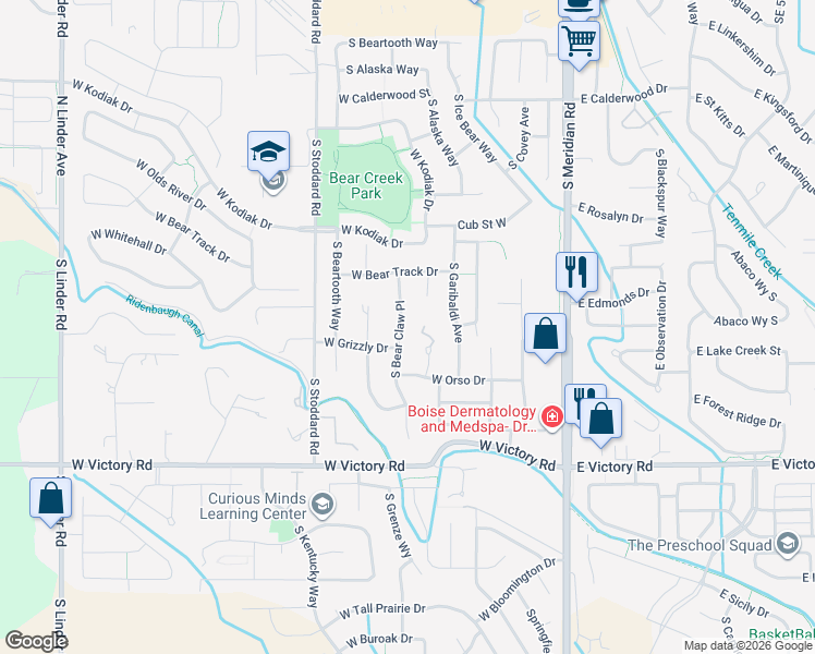 map of restaurants, bars, coffee shops, grocery stores, and more near 2772 South Bear Claw Way in Meridian