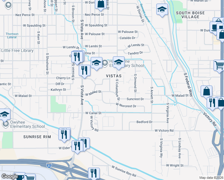 map of restaurants, bars, coffee shops, grocery stores, and more near 2210 West Malad Street in Boise