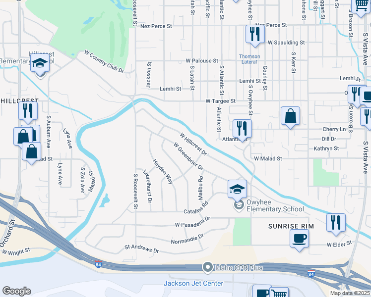 map of restaurants, bars, coffee shops, grocery stores, and more near 3824 West Greenbrier Drive in Boise