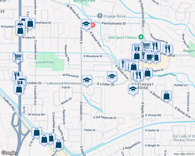 map of restaurants, bars, coffee shops, grocery stores, and more near 2551 South Falling Brook Lane in Boise