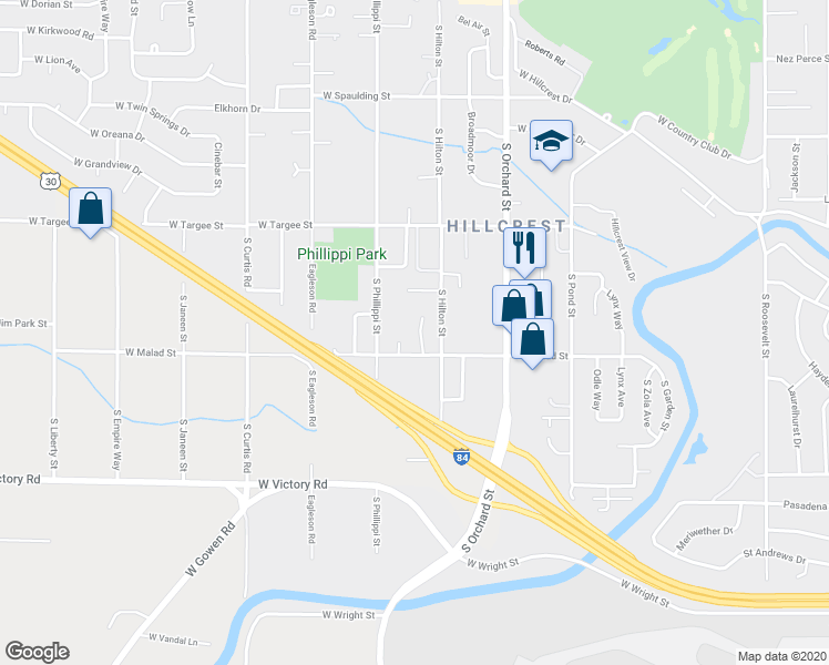 map of restaurants, bars, coffee shops, grocery stores, and more near 2521 South Sea Pines Place in Boise