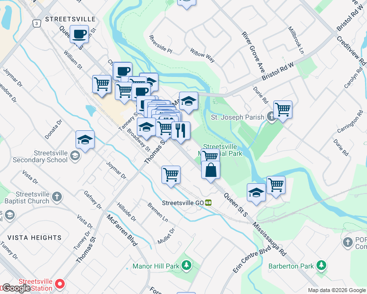 map of restaurants, bars, coffee shops, grocery stores, and more near in Mississauga