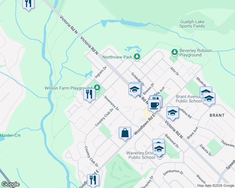 map of restaurants, bars, coffee shops, grocery stores, and more near 103 Wilton Road in Guelph