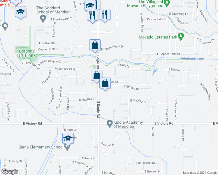 map of restaurants, bars, coffee shops, grocery stores, and more near 3313 East Girdner Drive in Meridian