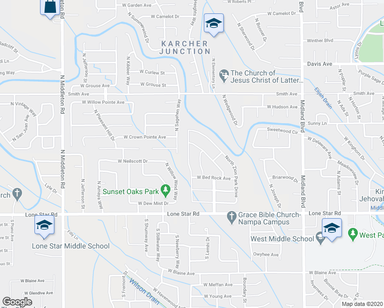 map of restaurants, bars, coffee shops, grocery stores, and more near 48 North Firestone Way in Nampa