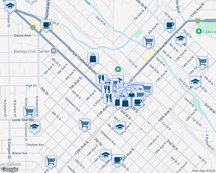 map of restaurants, bars, coffee shops, grocery stores, and more near 917 2nd Street South in Nampa