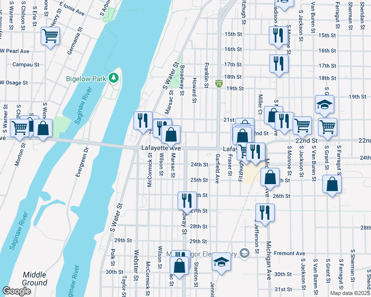 map of restaurants, bars, coffee shops, grocery stores, and more near 800 Broadway St in Bay City