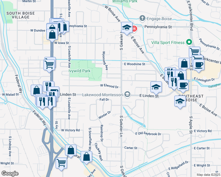 map of restaurants, bars, coffee shops, grocery stores, and more near 343 West Elwood Drive in Boise