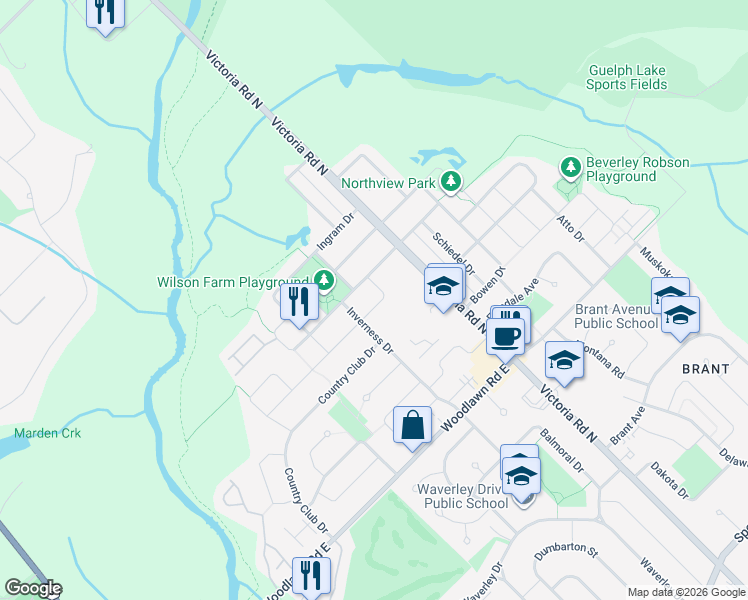 map of restaurants, bars, coffee shops, grocery stores, and more near 87 Simmonds Drive in Guelph