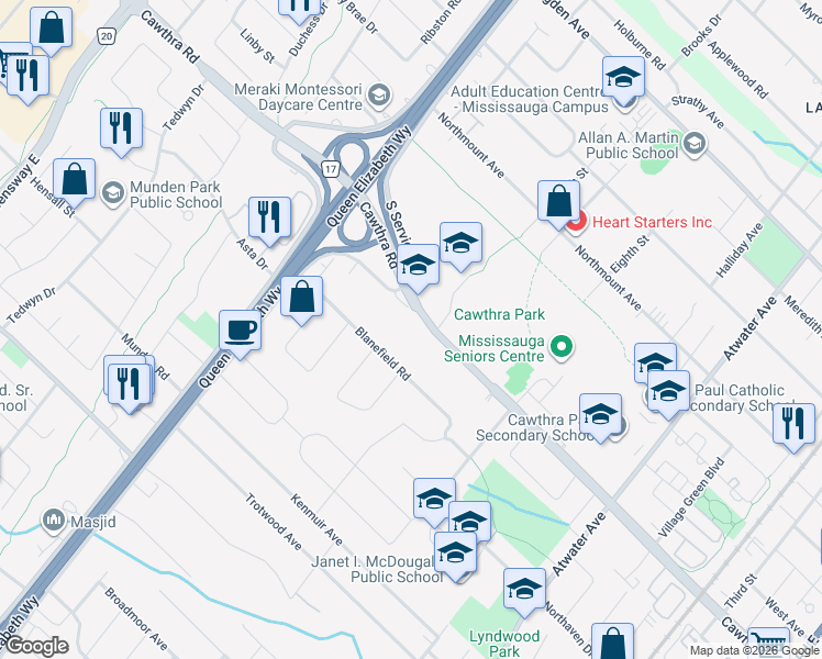 map of restaurants, bars, coffee shops, grocery stores, and more near 1524 Cawthra Road in Mississauga