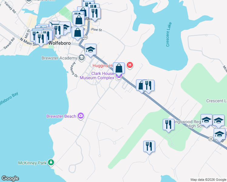 map of restaurants, bars, coffee shops, grocery stores, and more near 31 Clark Road in Wolfeboro