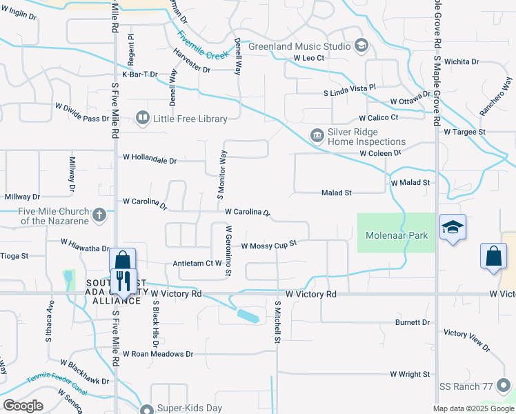 map of restaurants, bars, coffee shops, grocery stores, and more near 9896 West Carolina Drive in Boise