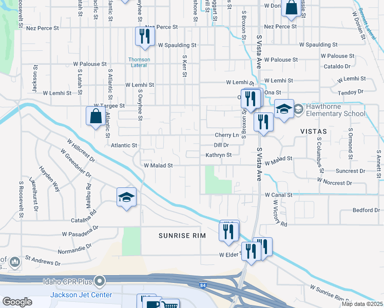 map of restaurants, bars, coffee shops, grocery stores, and more near 2550 Kerr Place in Boise