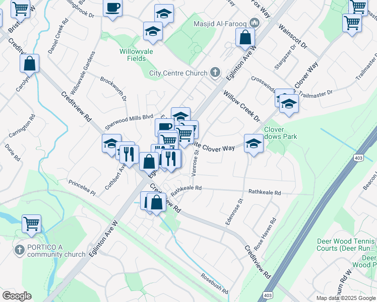 map of restaurants, bars, coffee shops, grocery stores, and more near 1240 Eglinton Avenue West in Mississauga