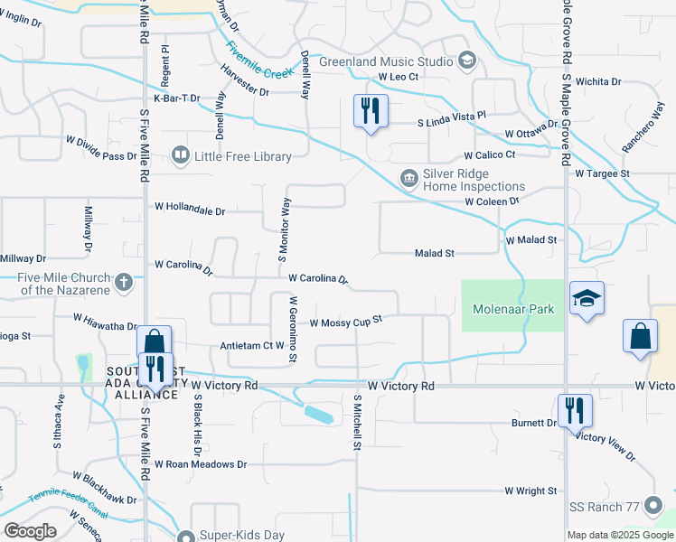 map of restaurants, bars, coffee shops, grocery stores, and more near 9896 West Carolina Drive in Boise