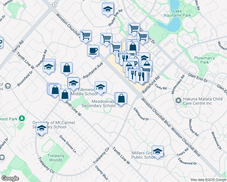map of restaurants, bars, coffee shops, grocery stores, and more near 6625 Ganymede Road in Mississauga