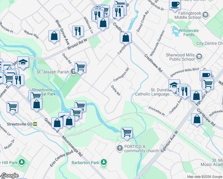 map of restaurants, bars, coffee shops, grocery stores, and more near in Mississauga