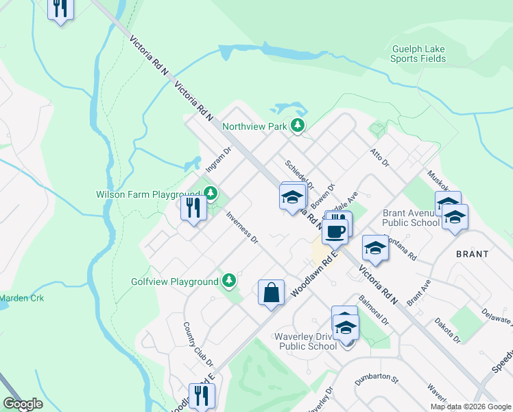 map of restaurants, bars, coffee shops, grocery stores, and more near 103 Wilton Road in Guelph