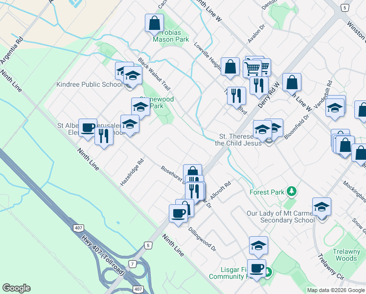 map of restaurants, bars, coffee shops, grocery stores, and more near 7075 Spyglass Crescent in Mississauga