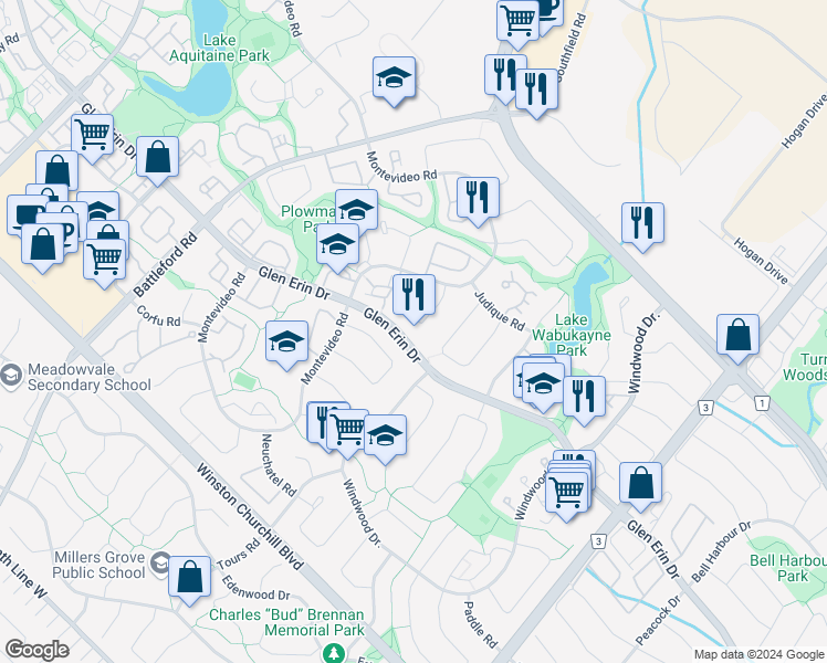 map of restaurants, bars, coffee shops, grocery stores, and more near 2710 Los Palmas Court in Mississauga