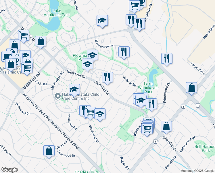 map of restaurants, bars, coffee shops, grocery stores, and more near 2710 Los Palmas Court in Mississauga