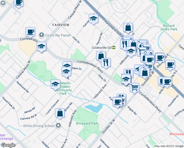 map of restaurants, bars, coffee shops, grocery stores, and more near 3215 Parkerhill Road in Mississauga