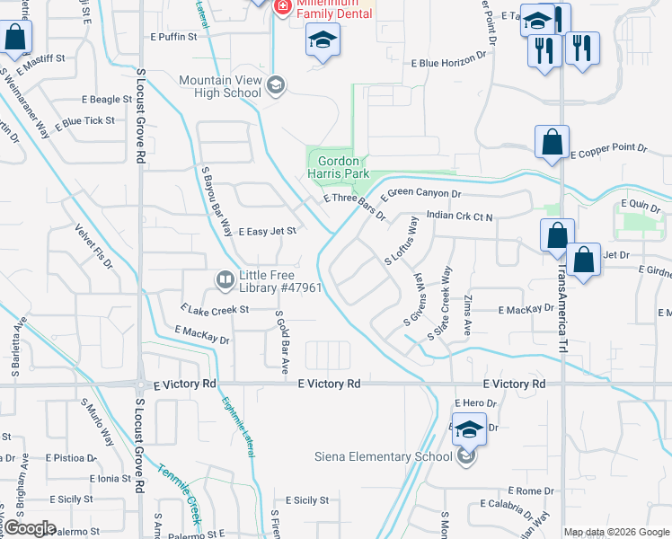 map of restaurants, bars, coffee shops, grocery stores, and more near 2321 East Green Canyon Drive in Meridian