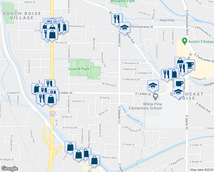 map of restaurants, bars, coffee shops, grocery stores, and more near 343 West Elwood Drive in Boise
