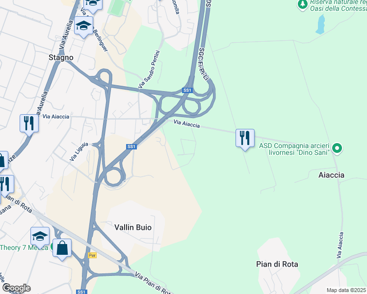 map of restaurants, bars, coffee shops, grocery stores, and more near 70 Via Aiaccia in Provincia di Livorno