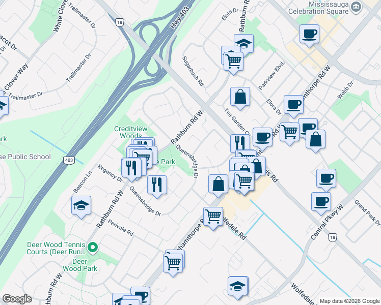 map of restaurants, bars, coffee shops, grocery stores, and more near 750 Queensbridge Drive in Mississauga
