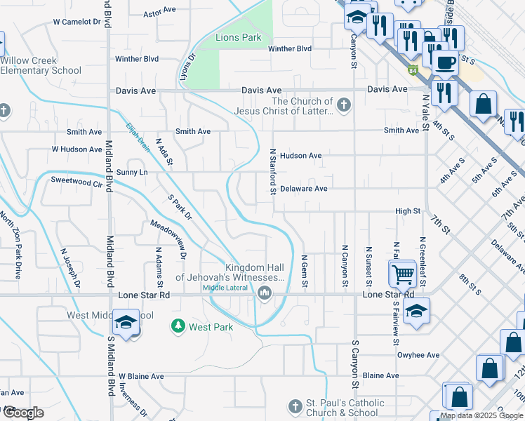 map of restaurants, bars, coffee shops, grocery stores, and more near 265 High Street in Nampa