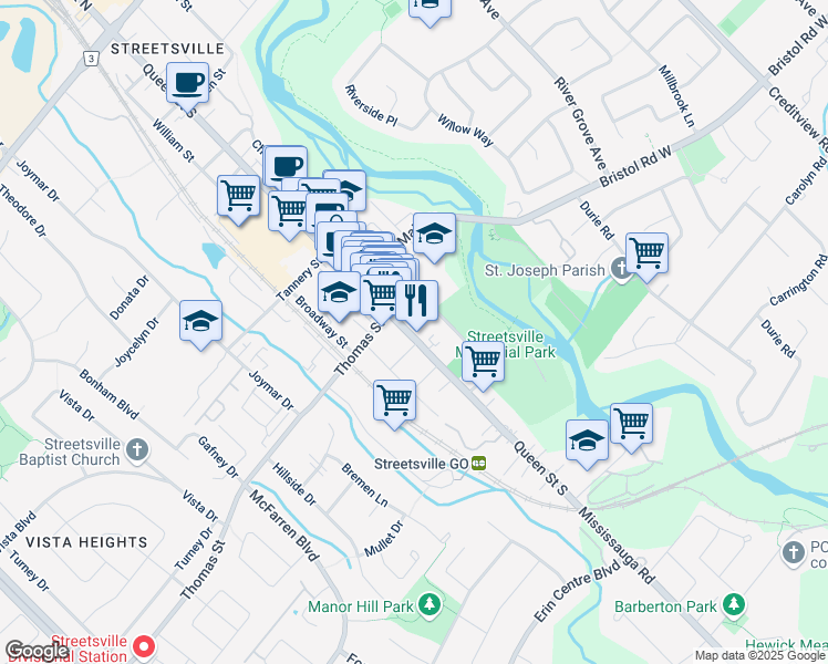 map of restaurants, bars, coffee shops, grocery stores, and more near 256 Queen Street South in Mississauga