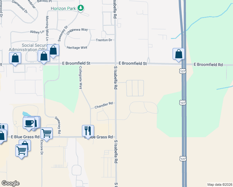 map of restaurants, bars, coffee shops, grocery stores, and more near 4205 South Isabella Road in Mount Pleasant