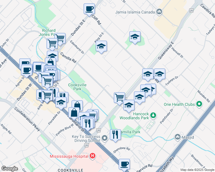 map of restaurants, bars, coffee shops, grocery stores, and more near 2379 Camilla Road in Mississauga