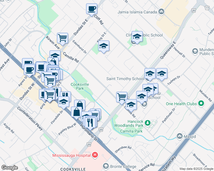 map of restaurants, bars, coffee shops, grocery stores, and more near 2385 Camilla Road in Mississauga
