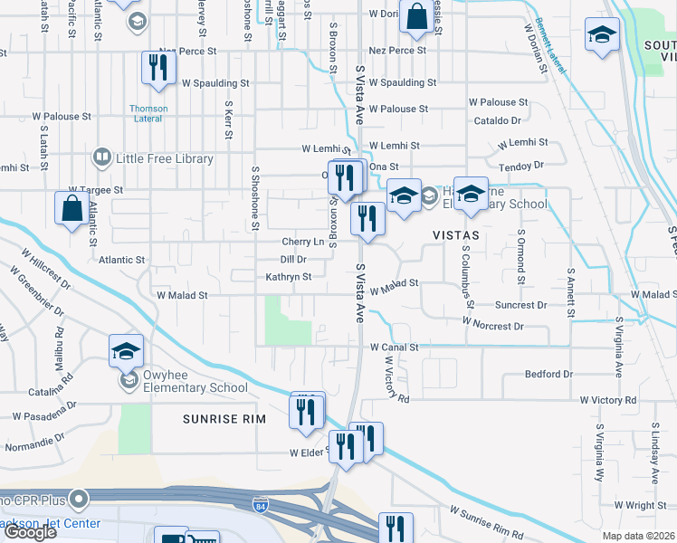 map of restaurants, bars, coffee shops, grocery stores, and more near 2511 South Vista Avenue in Boise
