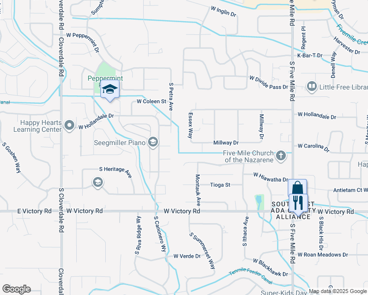 map of restaurants, bars, coffee shops, grocery stores, and more near 2519 Essex Way in Boise