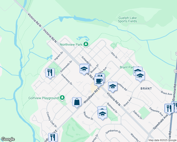 map of restaurants, bars, coffee shops, grocery stores, and more near 513 Victoria Road North in Guelph